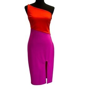 Crystal Sky pink orange one shoulder sleeveless colour block bodycon dress Sz M